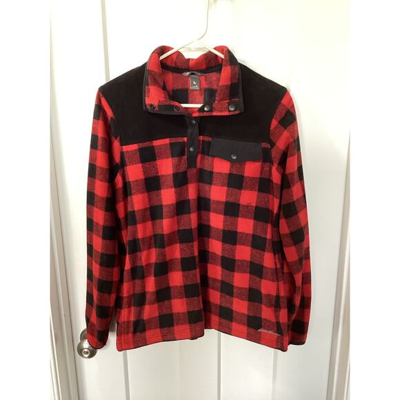 Eddie Bauer Buffalo Plaid Bauer 1/4-Snap Fleece Sweatshirt Black Red Medium - Picture 1 of 9